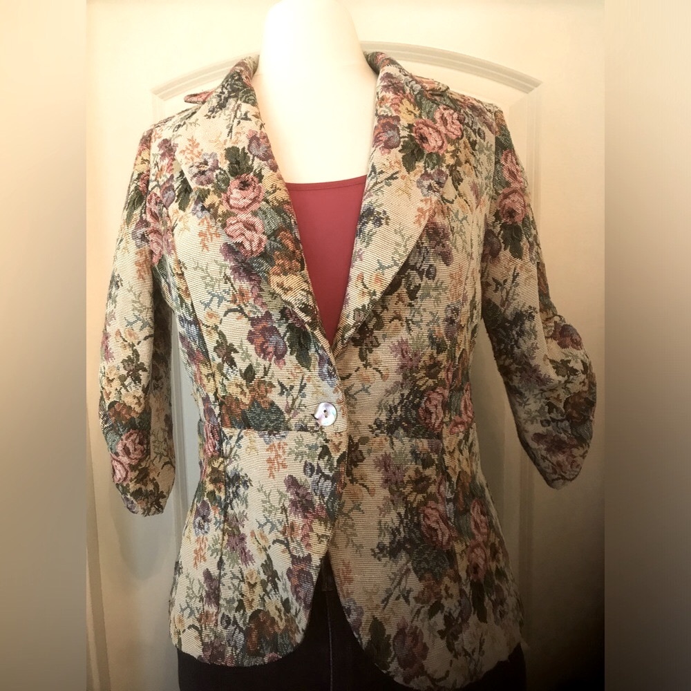 Karen Kane Floral Tapestry One Button Blazer with Ruched Sleeves